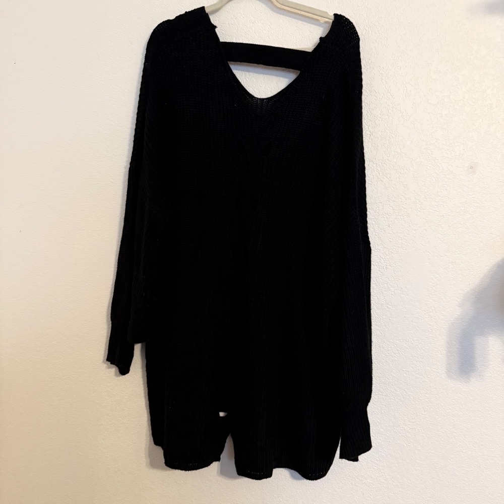 Boutique Plus Womens 4X Black Open Back Lattice Cutout Oversized Knit Sweater